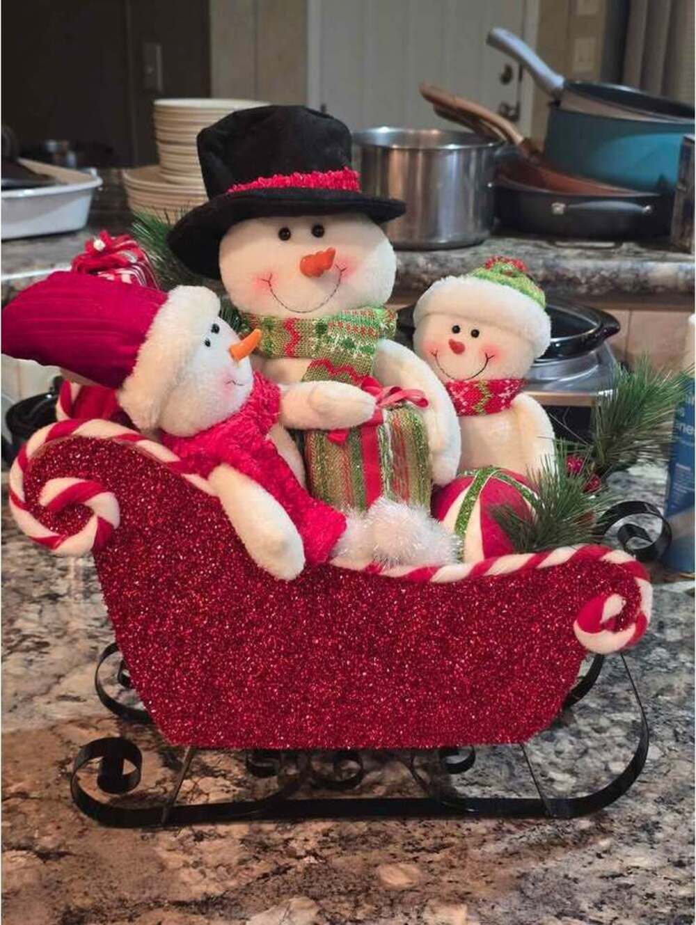 Collins Co 2016 Christmas Plush Snowman Family in Red Glitter Sleigh Centerpiece